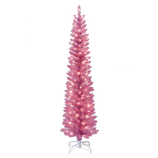 6ft. Pre-Lit Pink Tinsel Artificial Tree, Clear Lights